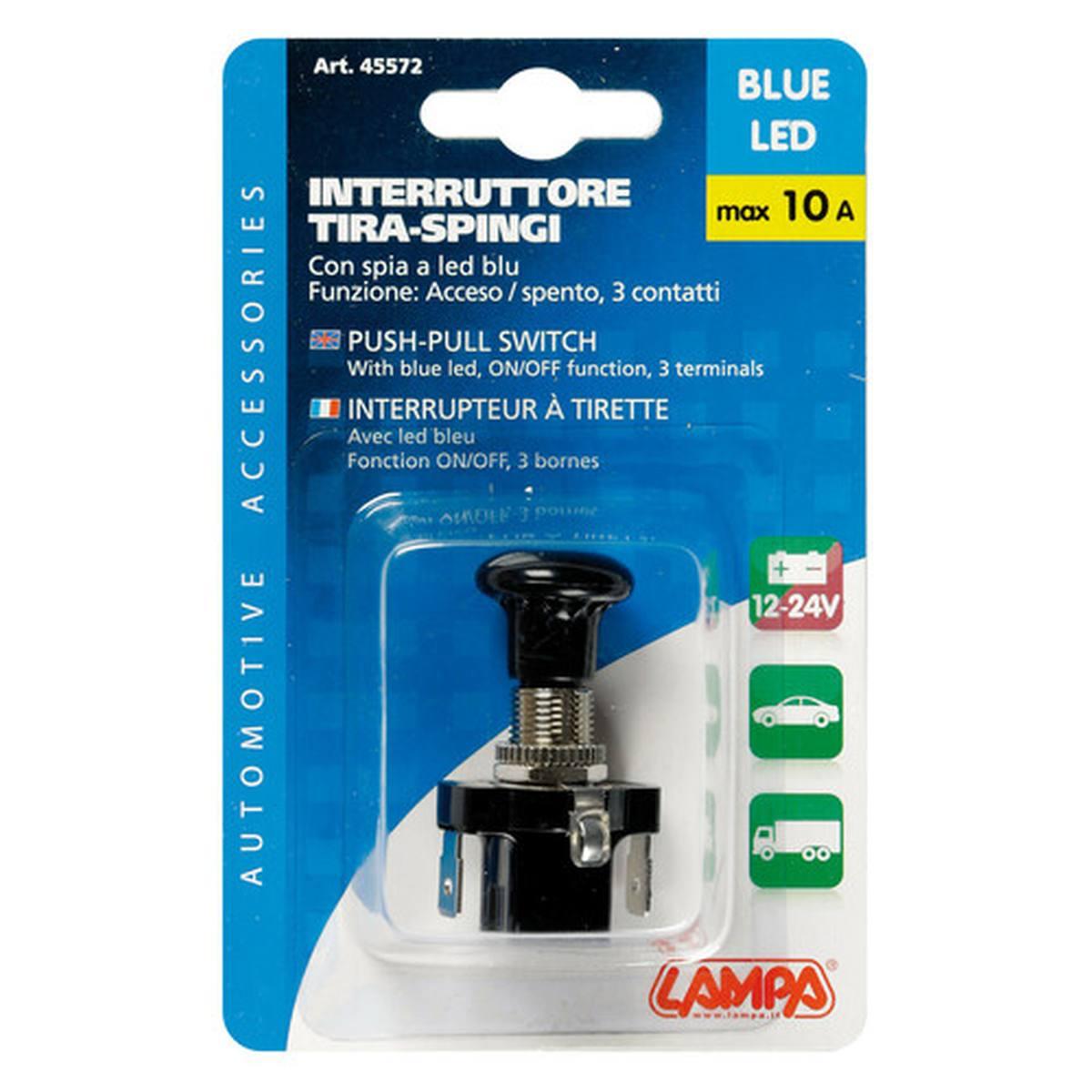 Interruttore tira-spingi con spia a Led - 12/24V - Blu - 10A