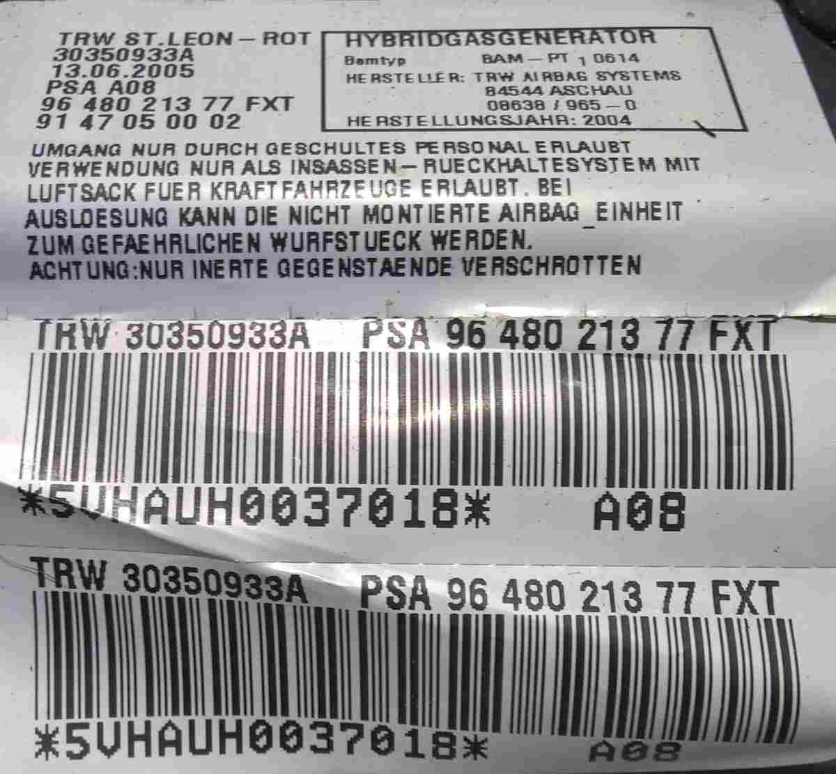 airbag sedile ant sx peugeot 1007 9648021377
